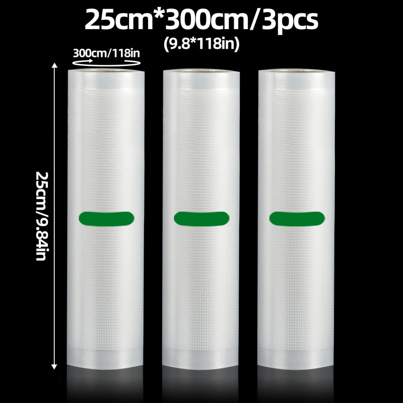 Paquete de 3 Bolsas Selladoras AGASHE - Rollos de 3m, Múltiples Tamaños (11.18” y 7.09” de Ancho), Cortables para Almacenamiento de Alimentos, Sous Vide, Preparación de Comidas - Rollos Texturizados Premium Compatibles con Todas las Selladoras, Conservac