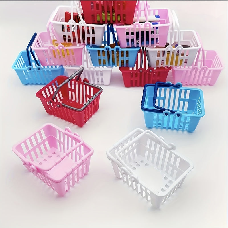 1/4 piezas, cesta de carrito de compras mini, cesta de supermercado de doble asa de plástico, cesta de almacenamiento de regalo pequeño, para exhibición y almacenamiento