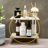 Organizador de Cosméticos Doble Capa de Acero Inoxidable - Estante Redondo Moderno de 27 Pulgadas para Cuidado de la Piel y Perfumes con Base de Mármol | Acabado Metálico Dorado, Regalo Perfecto para 10 Ocasiones Especiales