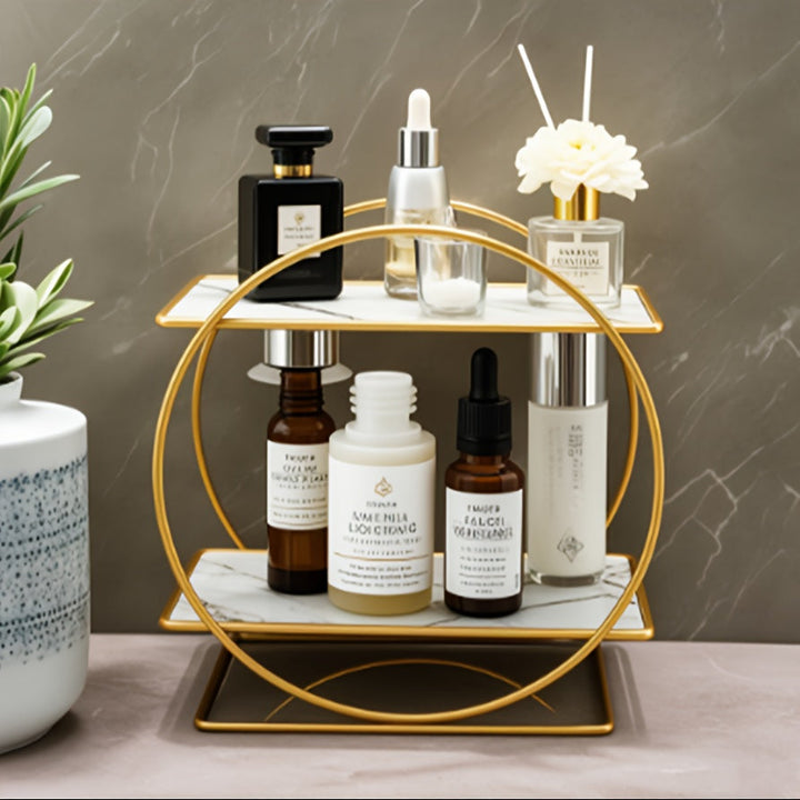 Organizador de Cosméticos Doble Capa de Acero Inoxidable - Estante Redondo Moderno de 27 Pulgadas para Cuidado de la Piel y Perfumes con Base de Mármol | Acabado Metálico Dorado, Regalo Perfecto para 10 Ocasiones Especiales
