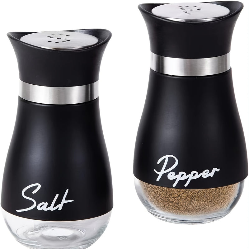 2 piezas por conjunto, un conjunto de sal y pimienta con tapas de acero inoxidable, adecuado para mesas de cocina, RV, camping, barbacoas, botellas de especias rellenables, suministros de cocina y decoración de cocina.