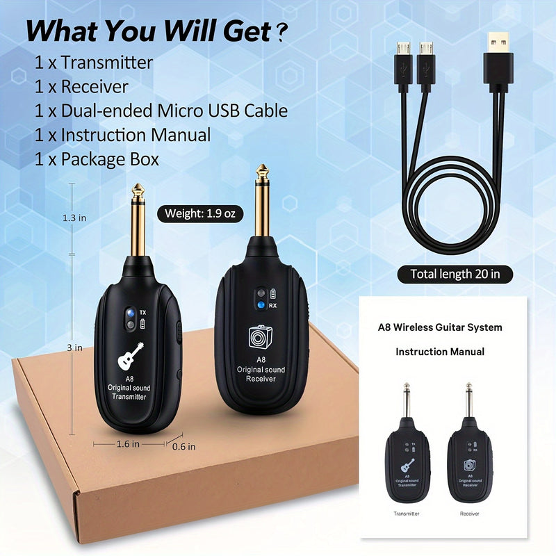 Sistema de Guitarra Inalámbrico con Batería Recargable - Transmisor y Receptor para Acústica, Bajo, Violín, Teclado e Instrumentos Eléctricos - ABS Duradero, Negro