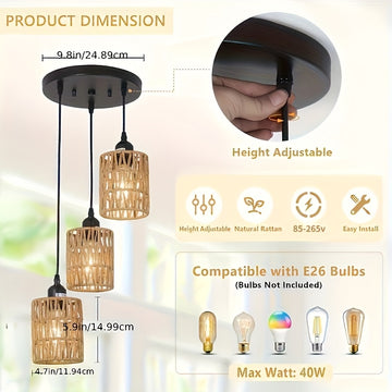 Lámpara colgante de ratán con 3 luces, lámpara de techo estilo granja para comedor, iluminación colgante boho con pantallas tejidas a mano de mimbre, ideal para cocina, sala, dormitorio, entrada o pasillo