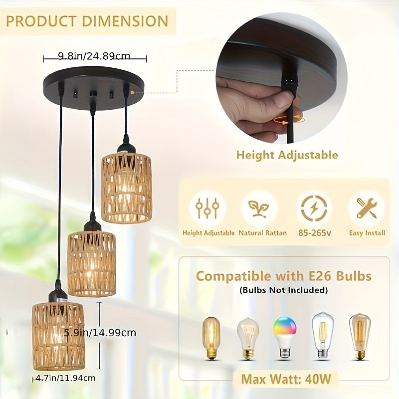 Lámpara colgante de ratán con 3 luces, lámpara de techo estilo granja para comedor, iluminación colgante boho con pantallas tejidas a mano de mimbre, ideal para cocina, sala, dormitorio, entrada o pasillo