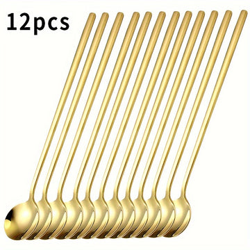 12 cucharitas de acero inoxidable dorado con mango largo, para espresso, té, postres, chocolate caliente, té helado y latte, ideales para restaurantes, cafeterías y bares