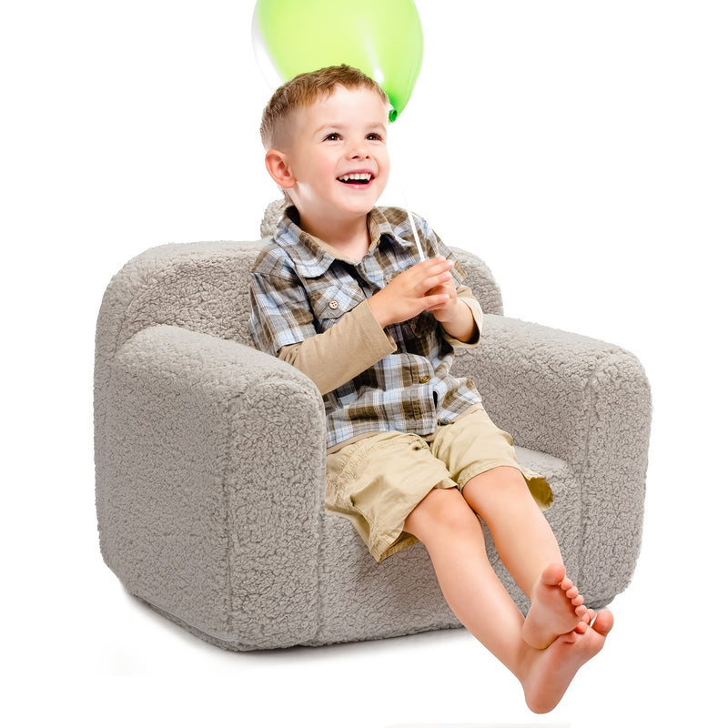 Butaca de Espuma Acogedora para Niños - Sofá de Lectura Sherpa Ultra Suave para Niñas y Niños, Tapicería Gris de Peluche, Estilo Contemporáneo, Fácil de Limpiar, Ideal para Salas de Juegos o Habitaciones Infantiles