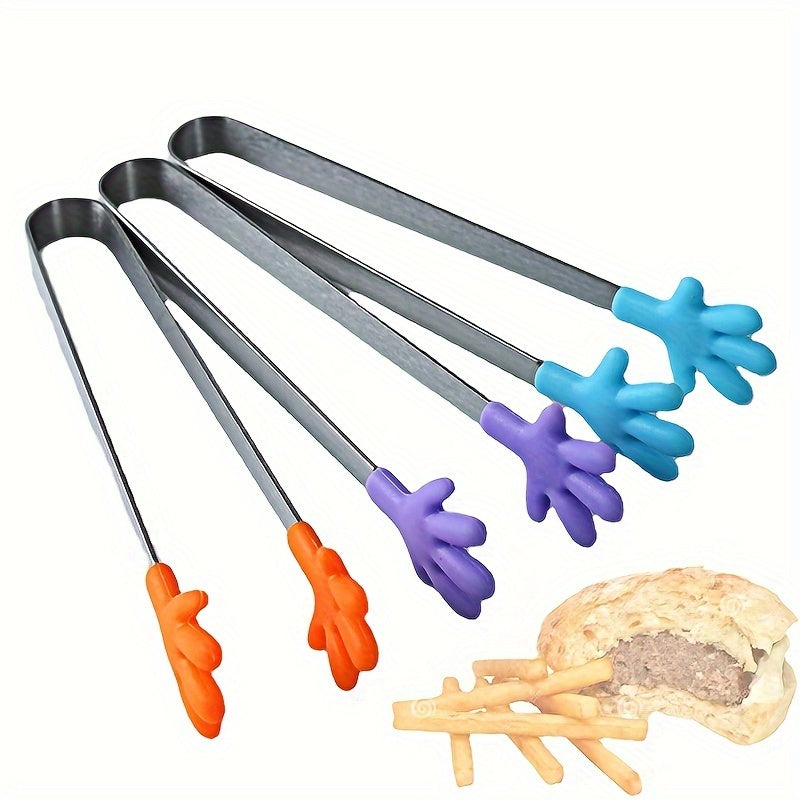 3 Piezas, Pinzas Para Alimentos De Acero Inoxidable Con Diseño Creativo De Palma De Silicona, Mini Pinzas Para Servir Para Ensalada, Hielo, Azúcar, Bocadillos, Antideslizantes, Aptas Para Niños, Multicolor