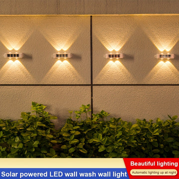 Luces solares para patio exterior (4 piezas/caja), luces de lavado de pared exterior, focos de paisaje para pared exterior de villa, luces decorativas de pared para ambiente