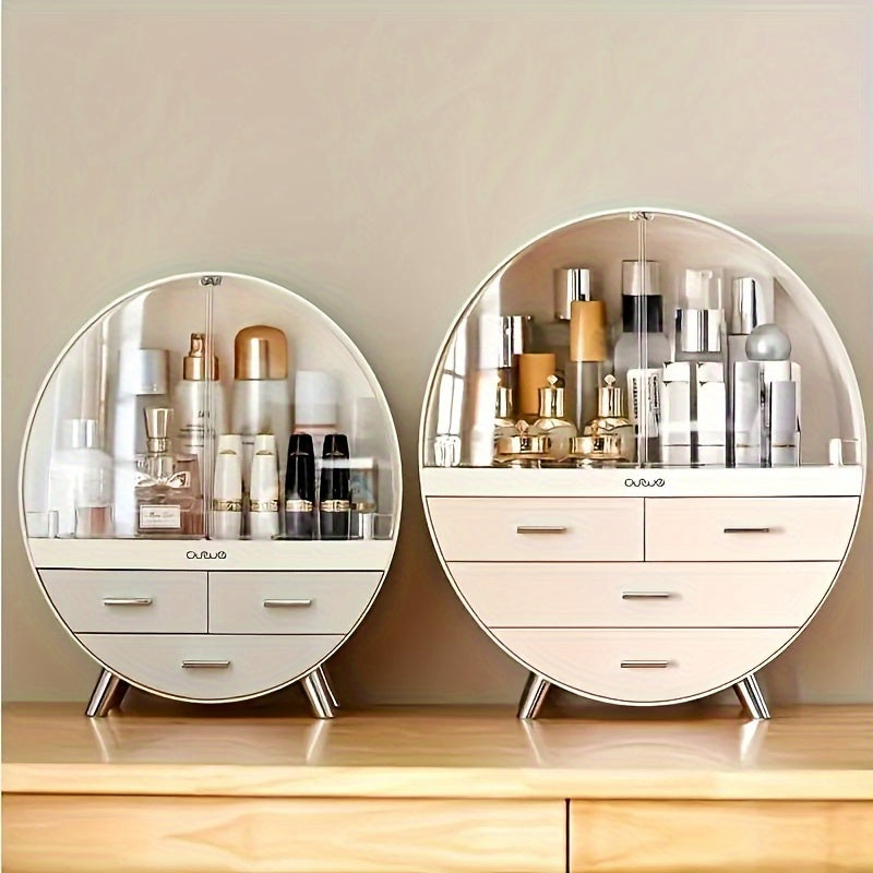 Organizador de cosméticos redondo con cajones, caja de almacenamiento de maquillaje de plástico de gran capacidad, estuche de tocador, elegante y que ahorra espacio para tocador y baño