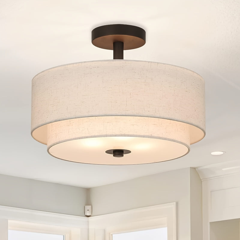 3 luces de montaje semi empotrado, luminaria de techo cercana con pantalla de tela, latón dorado retro, luz de tambor semi empotrado de 15.7 pulgadas para dormitorio y sala de estar