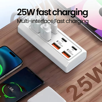 Centro de carga USB de 8 puertos con carga rápida de 25W, interfaz múltiple, compatible con teléfonos inteligentes y dispositivos, ≤36V, centro de hogar inteligente | Estación de carga moderna | Centro de carga compacto, estación de carga USB