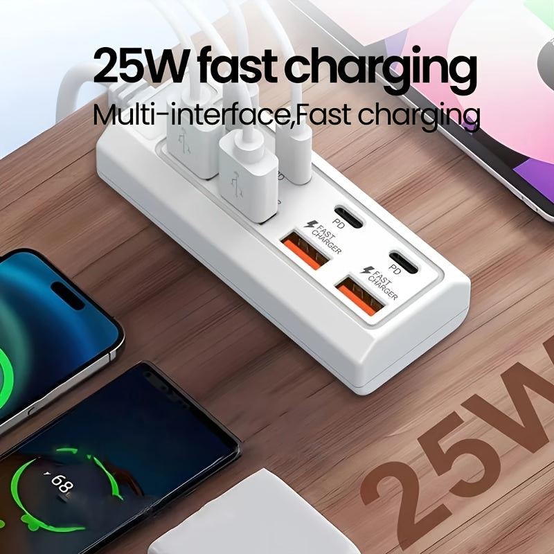 Centro de carga USB de 8 puertos con carga rápida de 25W, interfaz múltiple, compatible con teléfonos inteligentes y dispositivos, ≤36V, centro de hogar inteligente | Estación de carga moderna | Centro de carga compacto, estación de carga USB