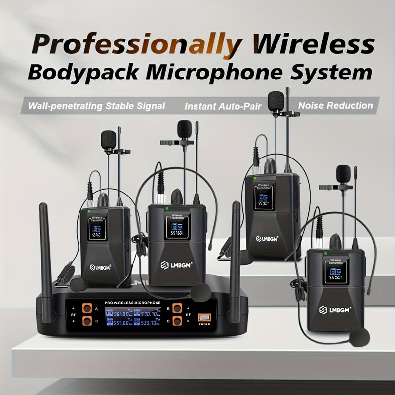 Sistema de micrófono inalámbrico LMBGM Pro 4 canales 4 Bodypacks Lavalier 4 Micrófonos de solapa 4 Auriculares para sistema de karaoke Iglesia Hablando Conferencia Boda Fiesta.