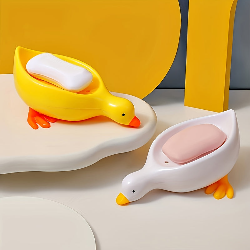 Juego de 1 portajabón con forma de pato y sistema de drenaje automático, bandeja ovalada, blanco con detalles amarillos, accesorio multifuncional para baño, mantiene el jabón seco y limpio, soporte para jabón en barra