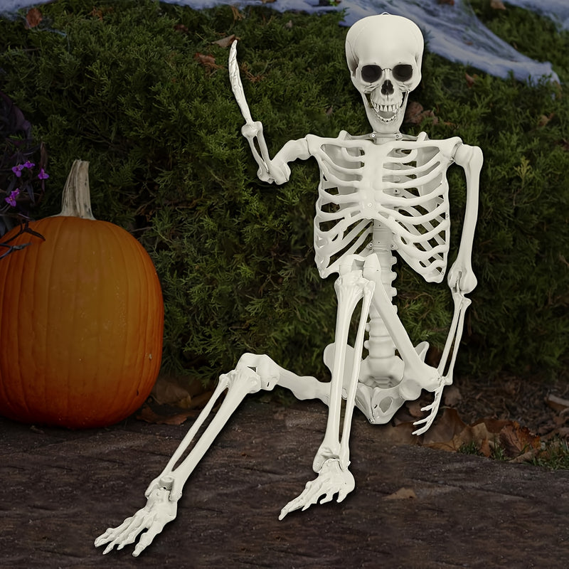 Esqueleto de tamaño real para Halloween con sombrero de bruja, esqueleto articulado de cuerpo completo de 164,59 cm para decoración, adorno de esqueleto articulado de pie de plástico para interiores y exteriores en fiestas de casa embrujada, jardín, no r