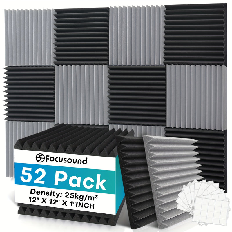52 piezas de paneles acústicos ignífugos de alta densidad con cinta adhesiva de doble cara, 30.48x30.48x2.54 cm, baldosas aislantes de sonido para reducción de ruido - Ideal para estudios, KTV, podcasts y decoración de habitaciones - Gris/Negro, paneles