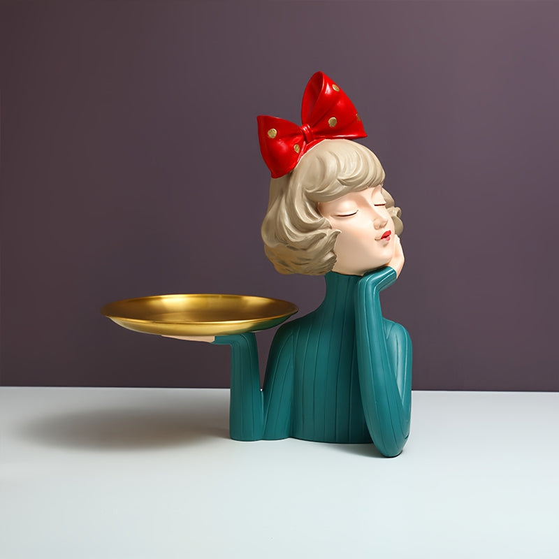 Figura Artística de Chica Abstracta con Bandeja de Almacenamiento - Decoración para el Hogar en Resina Pintada a Mano, No Necesita Baterías, Ideal para Navidad, Perfecta para Acción de Gracias, Sin Contacto con Alimentos