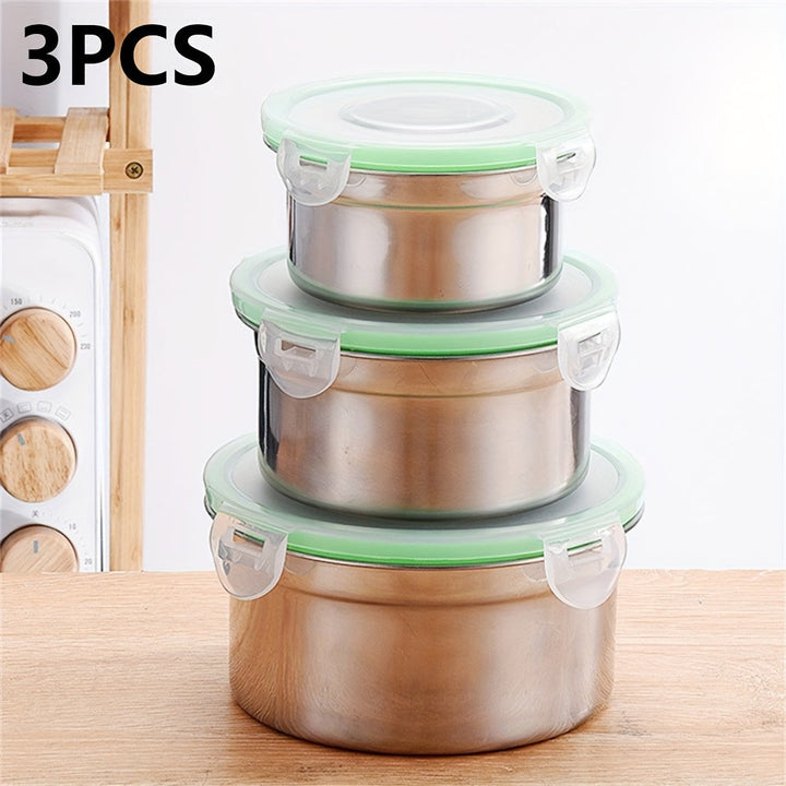 Juego de 3 Recipientes para Alimentos de Acero Inoxidable, Tazón Hermético con Tapa, Caja Redonda para Preparación de Comidas, Contenedor Sellado para Horno y Congelador, Reutilizable, Ideal para Loncheras y Meriendas en Casa
