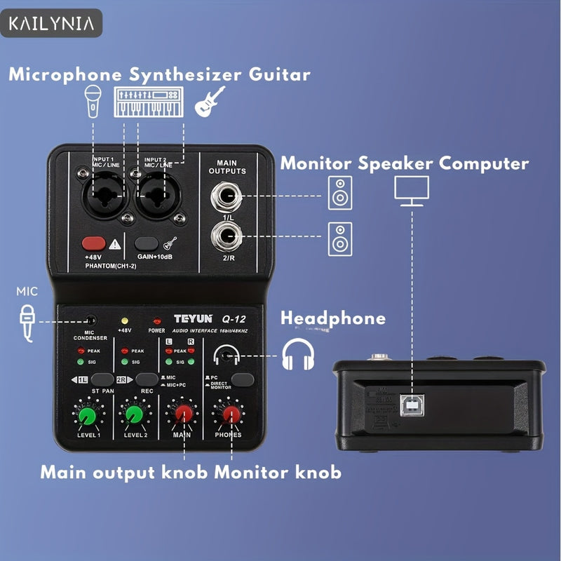 KAILYNIA Interfaz de Audio Profesional Portátil de 2 Canales con Tarjeta de Sonido y Mezclador Mini USB para Guitarra, Estudio de Grabación y Canto - , Compatible con Portátiles, Multifuncional con Control de Ganancia y Modos de Salida, Configuración de
