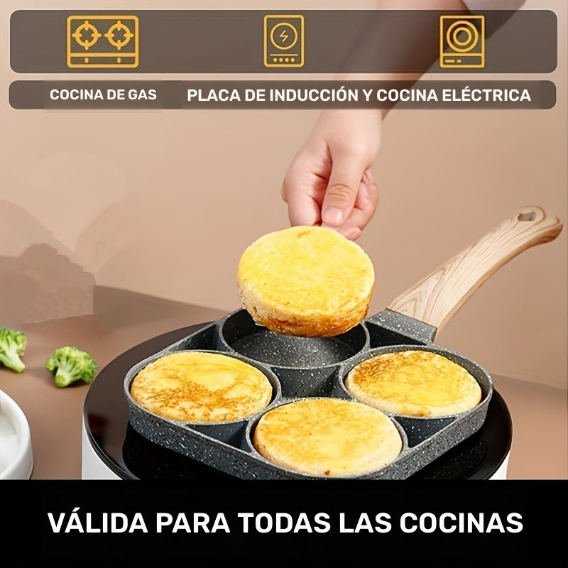 Sartén antiadherente de 4 orificios con recubrimiento de piedra Maifan - Mango de aluminio, ideal para huevos, panqueques y más - Solo lavado a mano, compatible con inducción, utensilios de cocina | Utensilios de cocina modernos | Cocina duradera