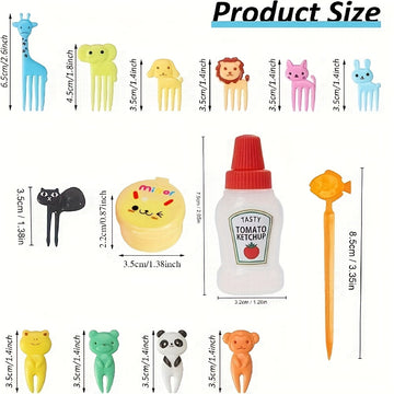 Juego de accesorios para el almuerzo de 58 piezas, tenedor de frutas con animales de dibujos animados, botella exprimible para condimentos, decoración para la caja de almuerzo, material ABS, accesorios divertidos para comer, suministros de cocina para us