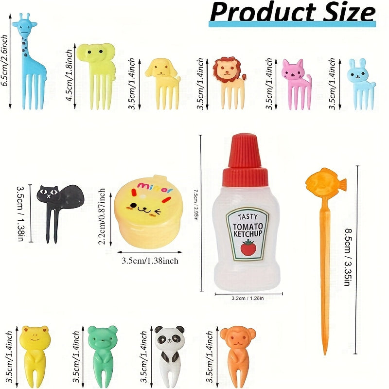 Juego de accesorios para el almuerzo de 58 piezas, tenedor de frutas con animales de dibujos animados, botella exprimible para condimentos, decoración para la caja de almuerzo, material ABS, accesorios divertidos para comer, suministros de cocina para us
