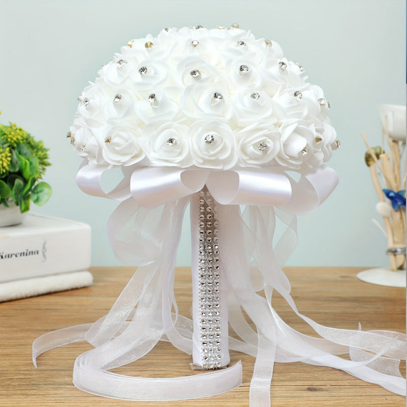 Ramo de novia artificial, rosas blancas de poliéster, sin pilas, ideal para bodas, San Valentín y compromisos