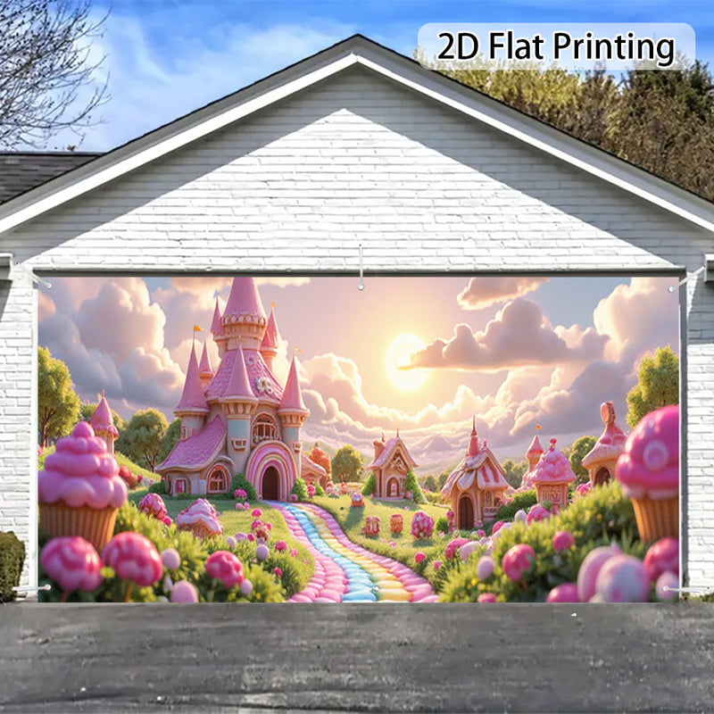 Cartel de puerta 2D, 1 unidad, Fantasía navideña, Castillo de dulces 2D - Decoración vibrante de poliéster con casas de galletas, cupcakes y camino de arcoíris, perfecto para Navidad, cumpleaños, Halloween y fiestas al aire libre en el jardín, decoracion