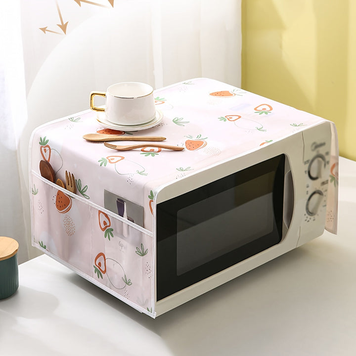 1pc Cubierta de Polvo para Microondas de PVC con Patrón de Fresas y Corazones - Impermeable y a Prueba de Aceite, Rosa y Blanco con Detalle de Bolsillo, Protector de Electrodomésticos, Cubierta para Microondas
