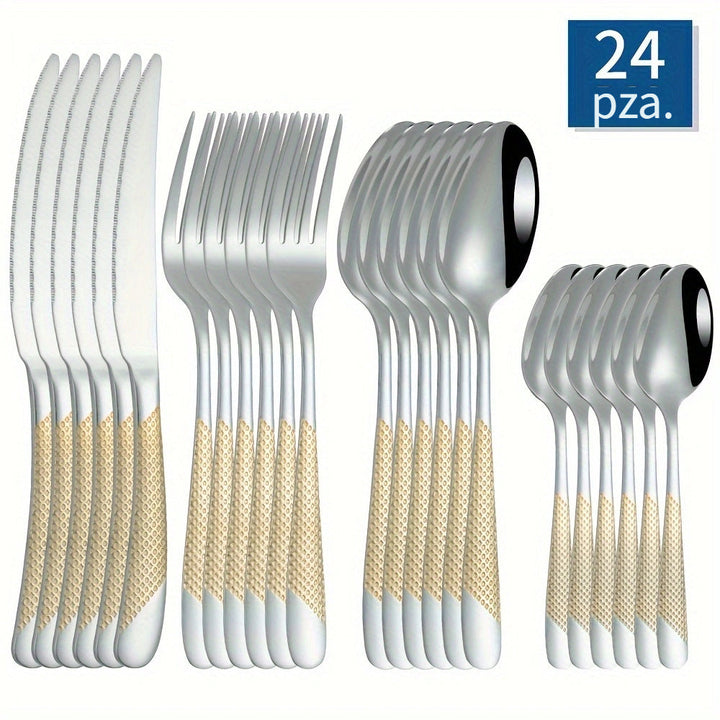 Juego de cubiertos de acero inoxidable con diseño de estrella, 24 piezas, incluye 6 cuchillos, 6 tenedores, 6 cucharas y 6 cucharitas, elegante diseño martillado, ideal para cenas familiares, fiestas, bodas o como regalo. Seguro para lavavajillas