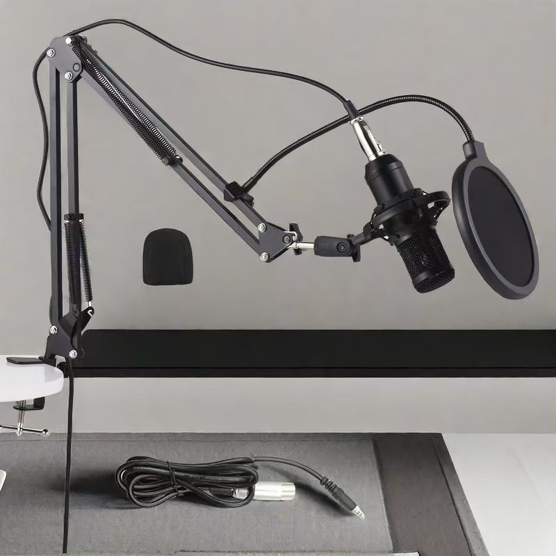 BM-800 Micrófono de condensador con cable, negro, alimentado por USB, conector de 3,5 mm, cuerpo de hierro, para chat de voz y grabación, con accesorios