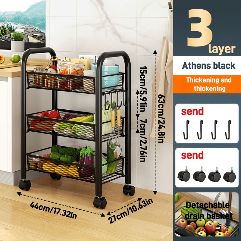 Carrito Multifuncional de Malla con Ruedas, 3-4 Capas Opcionales, Carrito de Almacenamiento de Cocina Metálico, con 3-4 Cestas Metálicas, Ruedas Bloqueables, Apto para Hogar, Oficina, Cocina Negro