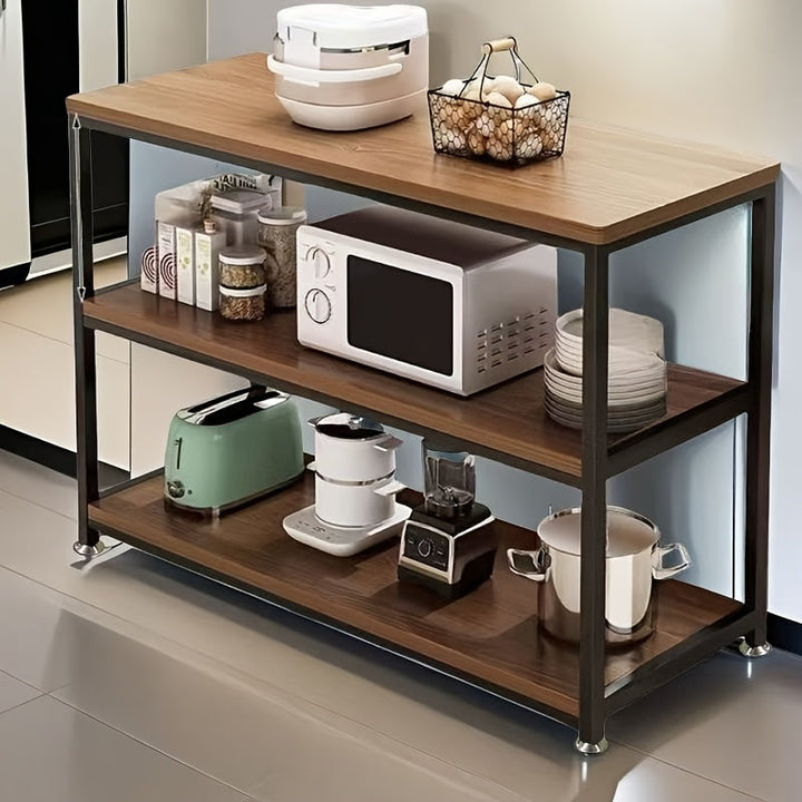 1pc Estante de almacenamiento de cocina clásico de varios niveles, marco de metal con estantes de madera artificial, organizador de almacenamiento abierto para microondas, refrigerios y artículos para el hogar, tablero de fibra de alta densidad, se requi