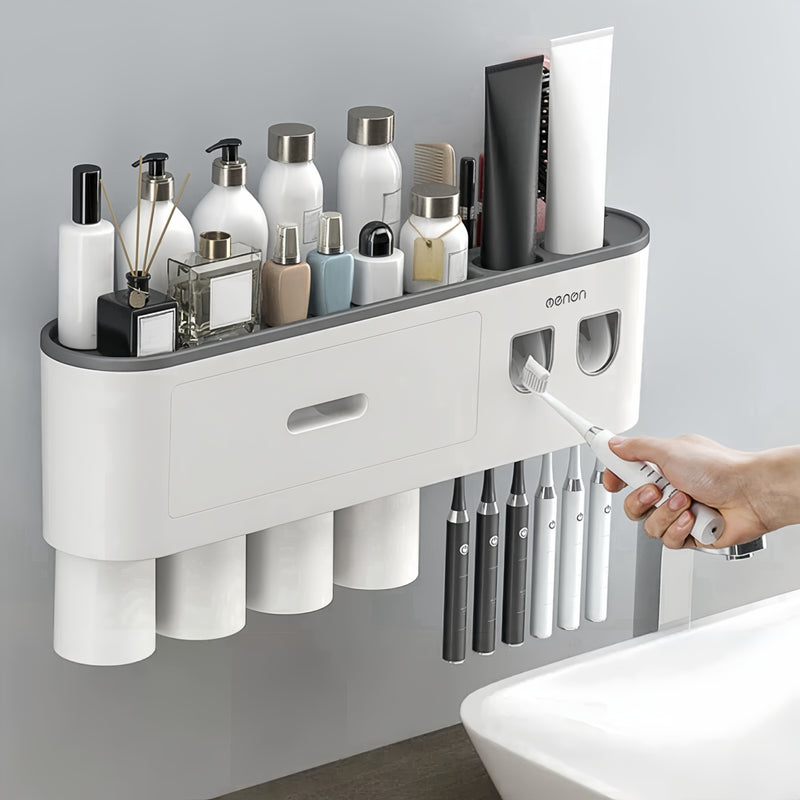 Juego de portacepillos de pared fácil de instalar con dispensadores automáticos de pasta dental, tazas magnéticas y ganchos - No requiere perforación