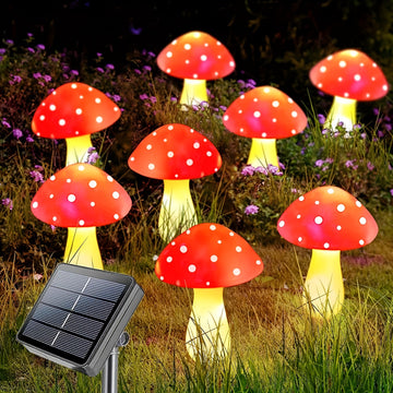 Luz de hongo solar para exteriores, luz de poste de madera decorativa de jardín solar LED, 8 modos de iluminación luz decorativa de jardín solar, perfecta para Navidad, Halloween, boda, decoración de fiesta de vacaciones