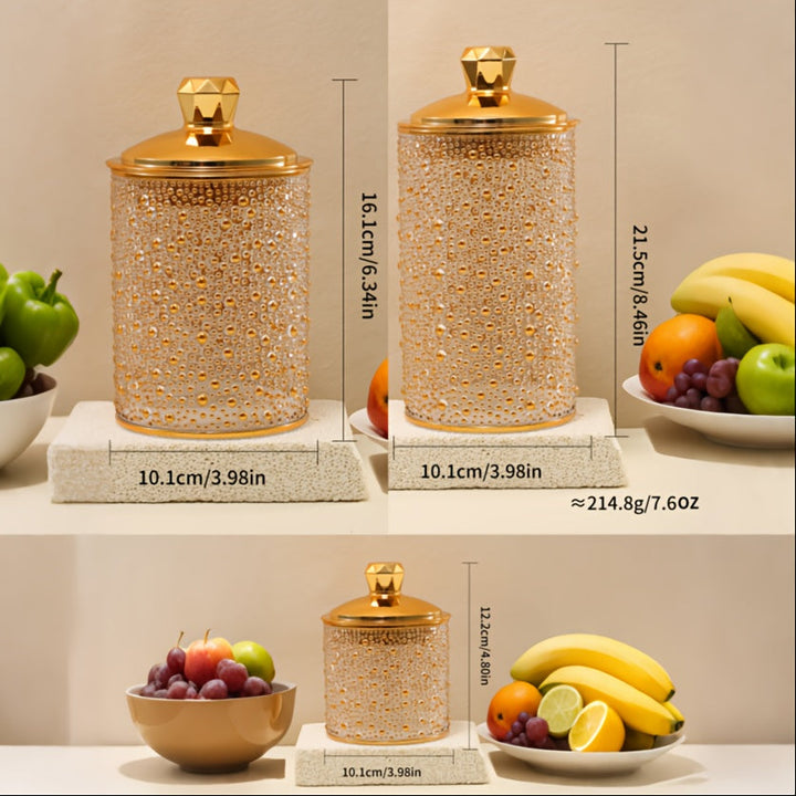 Juego de Tarros Sellados para Granos y Cereales, Envases Herméticos de PET Aroma a Dátiles del Medio Oriente con Tono Dorado Perla, Coloridos Recipientes Sellables - Set de Tres Piezas Ideal para Decoración en Cocina o Encimera