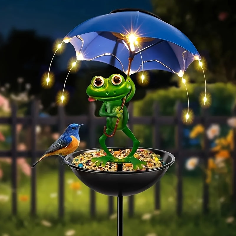 1pc estatua de rana paisajística con lámpara solar para calle, comedero para pájaros al aire libre, decoración de jardín con cadena LED, bebedero para colibríes, adecuado para caminos de patio y céspedes (comida no incluida)