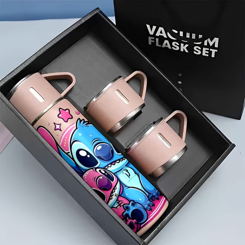 Juego de 1 Set 17Oz Disney Stitch Acero Inoxidable Termo a Prueba de Fugas con 3 Tazas para Bebidas Calientes y Frías, Adecuado para Viajes de Negocios y Útiles Escolares LHB03211