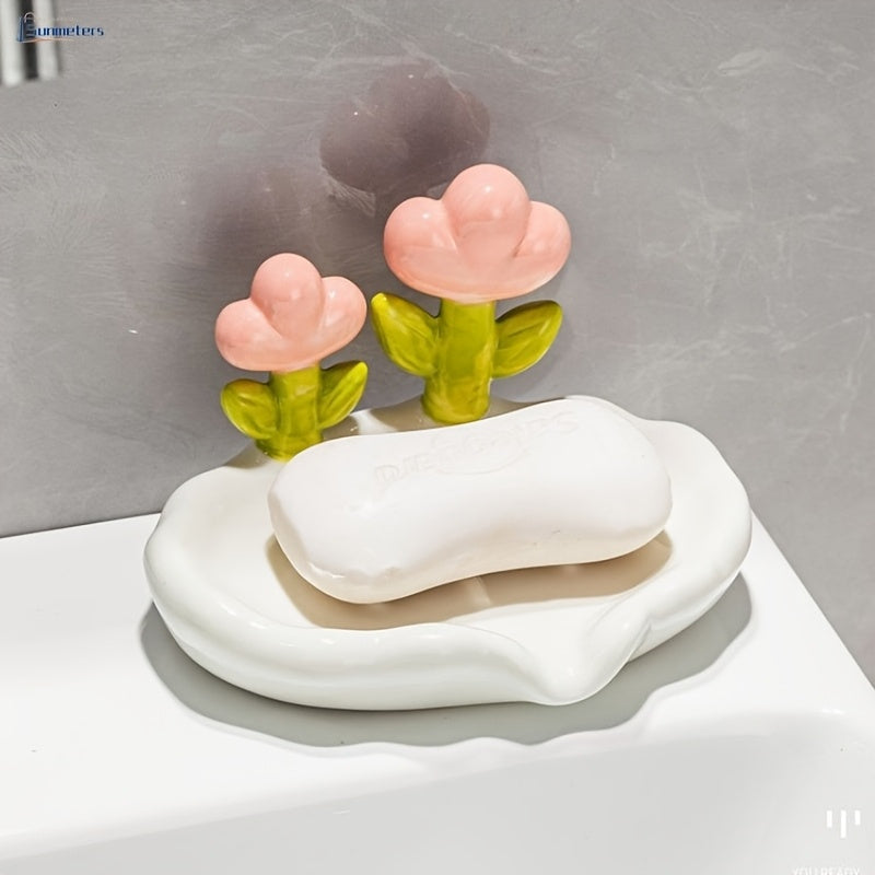 Porta Jabón Ovalado de Plástico con Diseño Floral, Autoescorregable, Apto para las Cuatro Estaciones, Accesorio Encantador para Baño y Cocina Familiar
