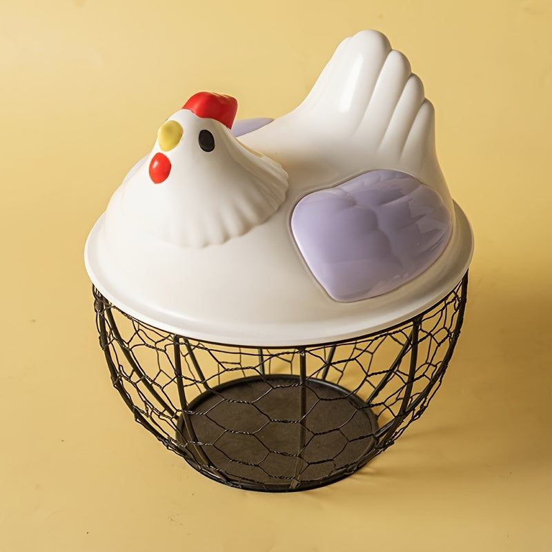 Canasta de Almacenamiento de Huevos en Forma de Gallina Moderna con Tapa de Malla Dorada - Organizador Doble Uso para Encimera, Guarda Huevos y Objetos Pequeños, Diseño Blanco y Rosa