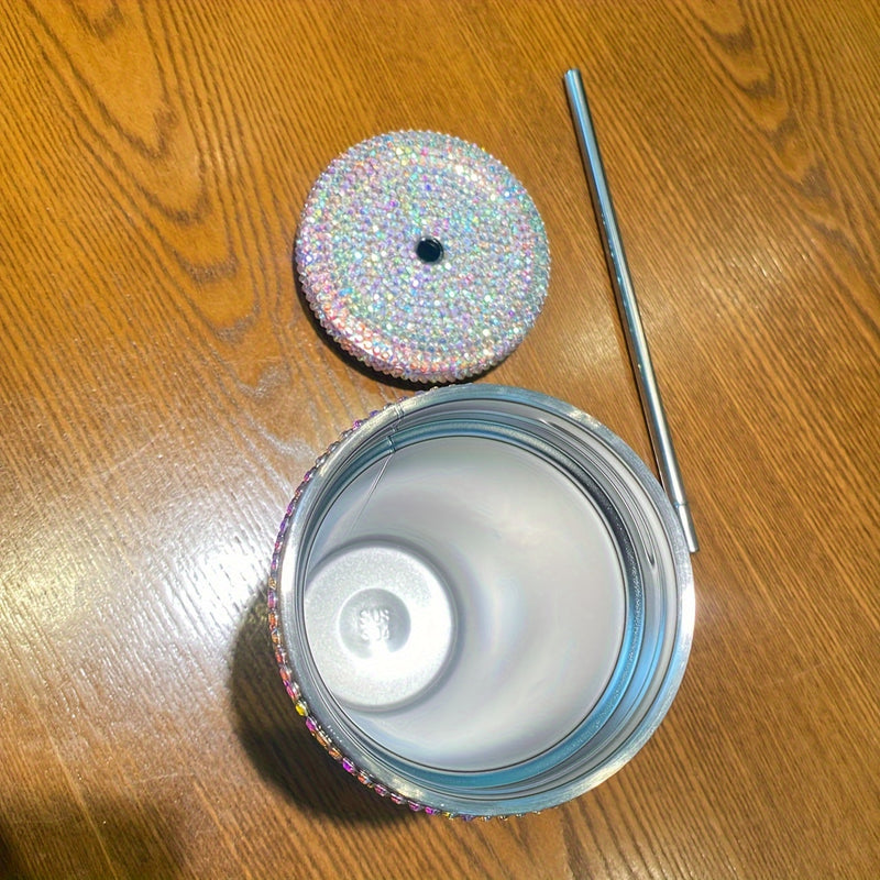 1pc, Vaso Con Tapa Y Pajita Con Incrustaciones Brillantes, Botella De Agua De Acero Inoxidable 304, Tazas De Agua Con Aislamiento Al Vacío De Doble Pared, Bebidas De Verano E Invierno, Accesorios De Viaje, Regalos