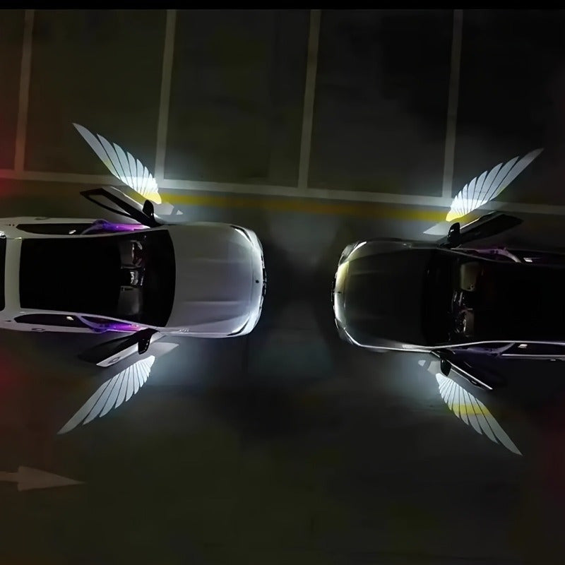 2 piezas de luz de puerta con alas de ángel, alimentada por baterías AAA, no incluidas, adecuada para varios modelos, ensamblaje de luz de piso de coche, sin batería.