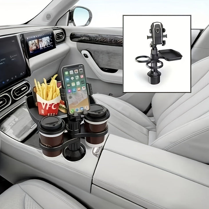 Bandeja Giratoria 360° para Consola de Auto - Soporte para Teléfono y Navegación con Porta Hamburguesas/Comida, Organizador de Tazas de Café - Bandeja Multiusos de Plástico Duradero para Viajes Seguros, Mesa de Coche Resistente
