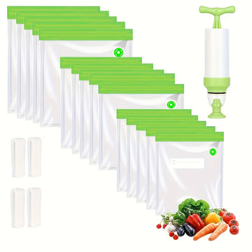 20 Bolsas de Almacenamiento de Vacío Reutilizables con Cierre Hermético y Cremallera - Material PE Duradero, Incluye Bomba Manual para Frescura, Diseño Transparente para Identificación Fácil, Ideales para Frutas, Verduras y Bocadillos - Perfecto para el