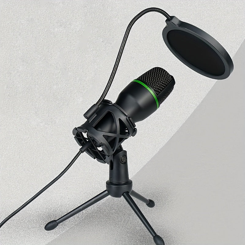 Micrófono de juego de 3,5 mm con alimentación USB, filtro de pop y soporte ajustable - Micrófono de voz con cancelación de ruido para transmisión en vivo, grabación, KTV - Negro, micrófono para juegos, configuración de transmisión, diseño elegante, const
