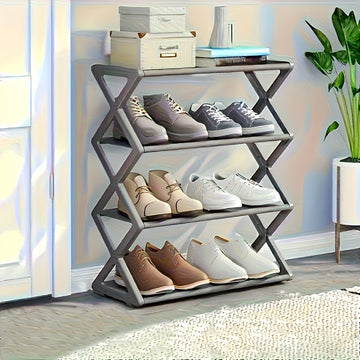 Estante de zapatos de 4 niveles que ahorra espacio - Estante de almacenamiento duradero de metal y plástico, adecuado para zapatos, botas, joyas, relojes - Diseño compacto negro/blanco, ideal para entrada, armario, espacios pequeños, organizador de pies