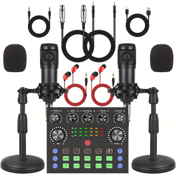 2 interfaces de audio V8s con micrófonos condensadores BM800 - Equipo portátil para podcast con batería, grabación y transmisión en vivo, incluye múltiples accesorios, equipo de grabación profesional, construcción duradera