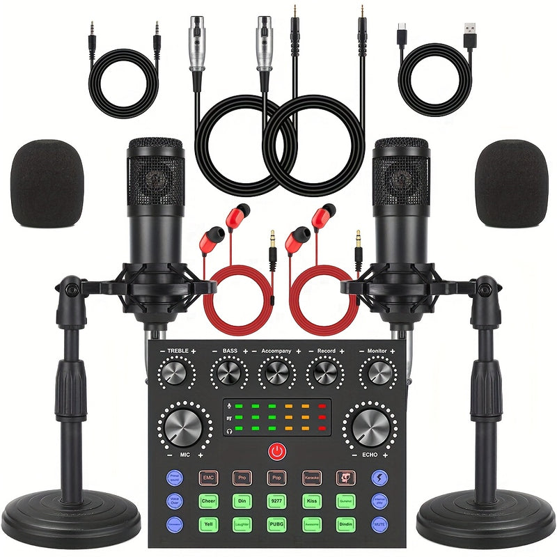 2 interfaces de audio V8s con micrófonos condensadores BM800 - Equipo portátil para podcast con batería, grabación y transmisión en vivo, incluye múltiples accesorios, equipo de grabación profesional, construcción duradera