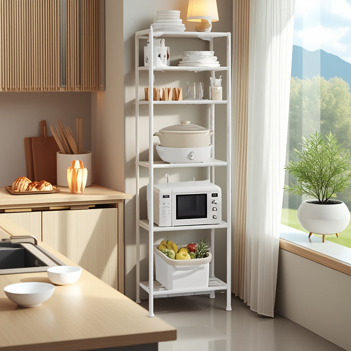 Estante de almacenamiento de cocina de 6 niveles, negro/ blanco, con marco de metal, estante multifuncional independiente para baño, garaje, sala de estar, estante extraíble, no requiere ensamblaje, solución de almacenamiento de cocina | Estante de cocin