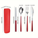 Juego de Cubiertos de Acero Inoxidable de 4 Piezas con Mango Redondo Brillante y Engrosado para Cuchillo de Cena, Palillos, Cucharas y Tenedores, Caja de Cubiertos Portátil para Estudiantes, Reuniones al Aire Libre y Picnics